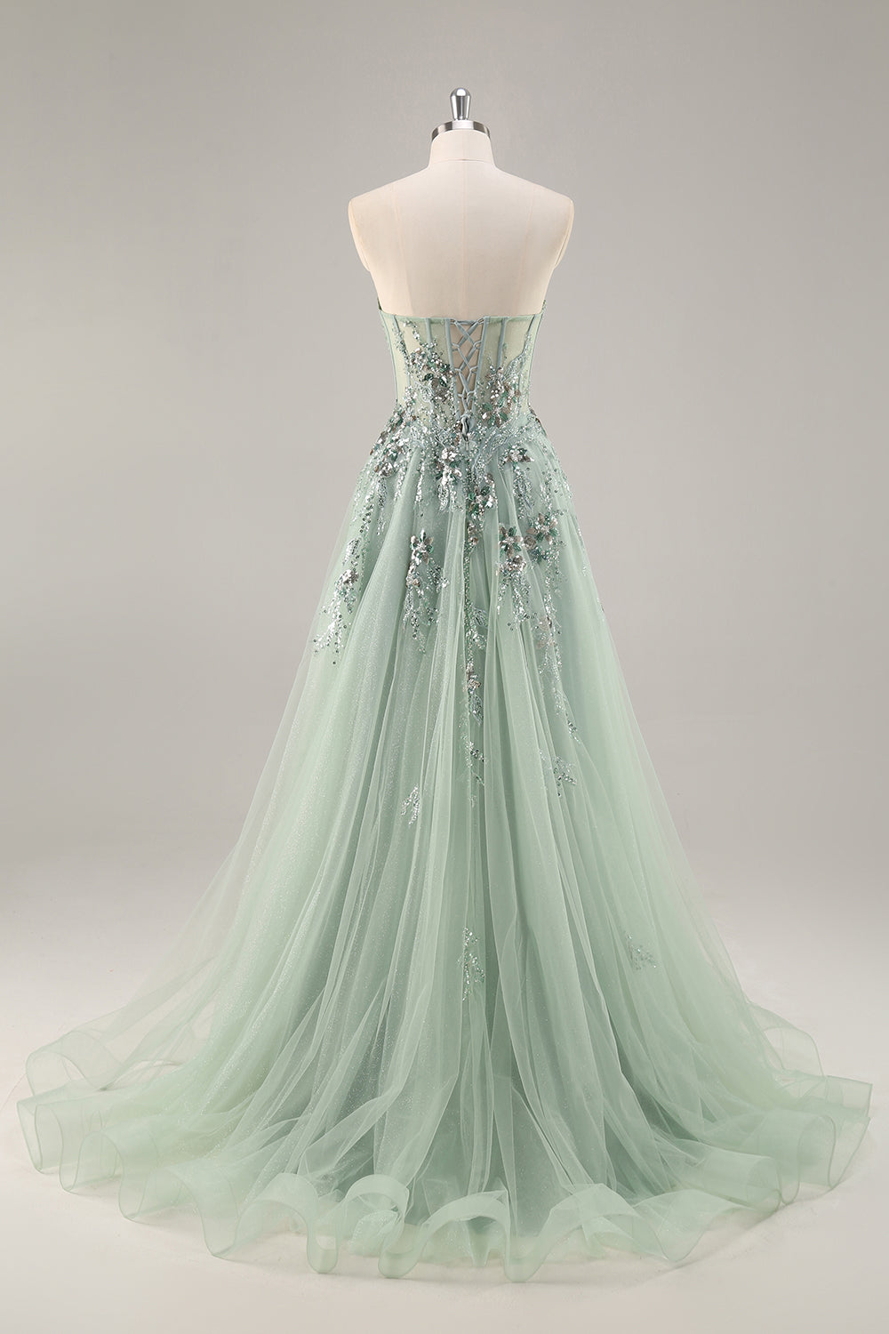 Sparkly Grey Blue Corset Sweetheart Appliqued Maxi Prom Dress with Slit
