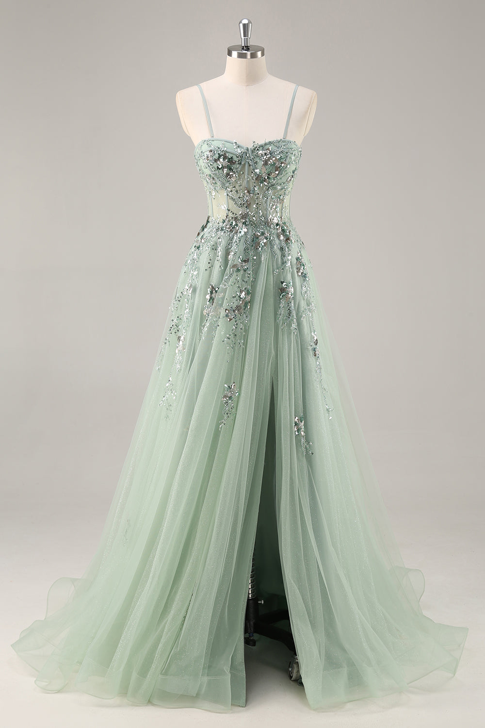 Sparkly Green Corset Sweetheart Maxi Prom Dress with Appliques