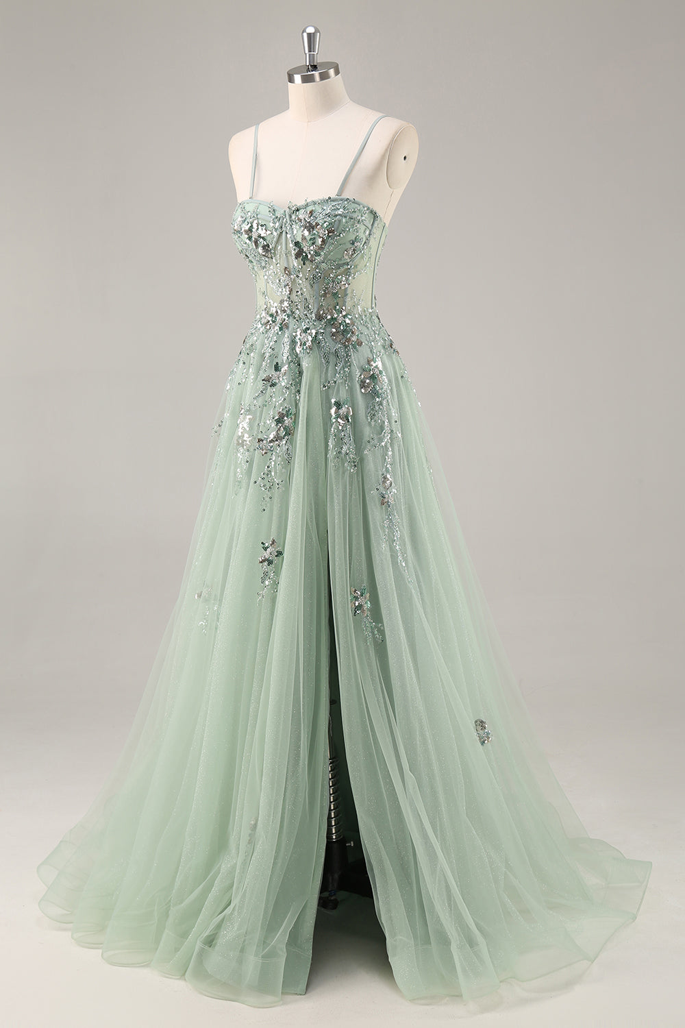 Sparkly Green Corset Sweetheart Maxi Prom Dress with Appliques