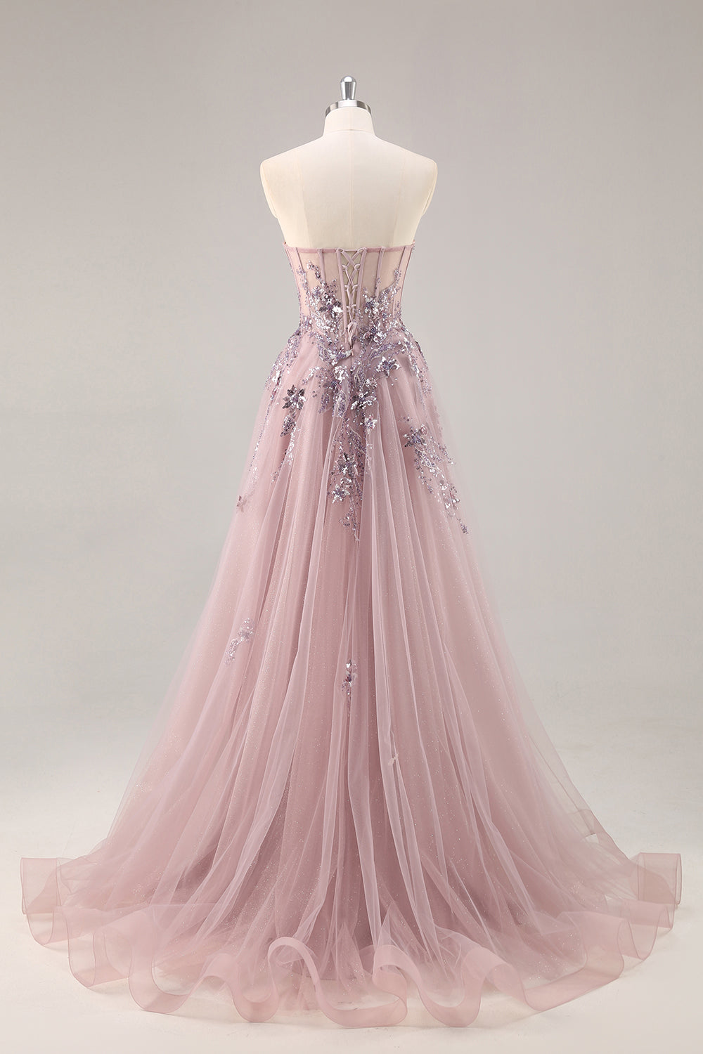 Sparkly Grey Blue Corset Sweetheart Appliqued Maxi Prom Dress with Slit