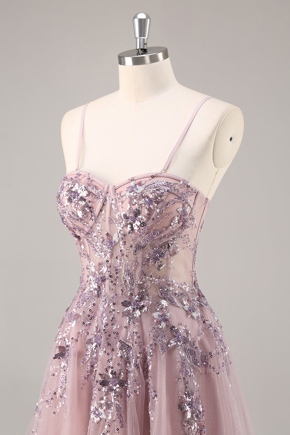 Sparkly Grey Pink Corset Sweetheart A Line Maxi Prom Dress with Appliques