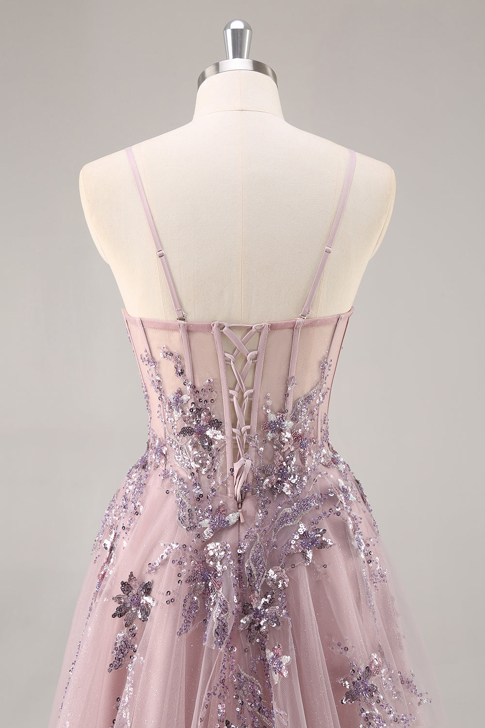 Sparkly Grey Pink Corset Sweetheart A Line Maxi Prom Dress with Appliques