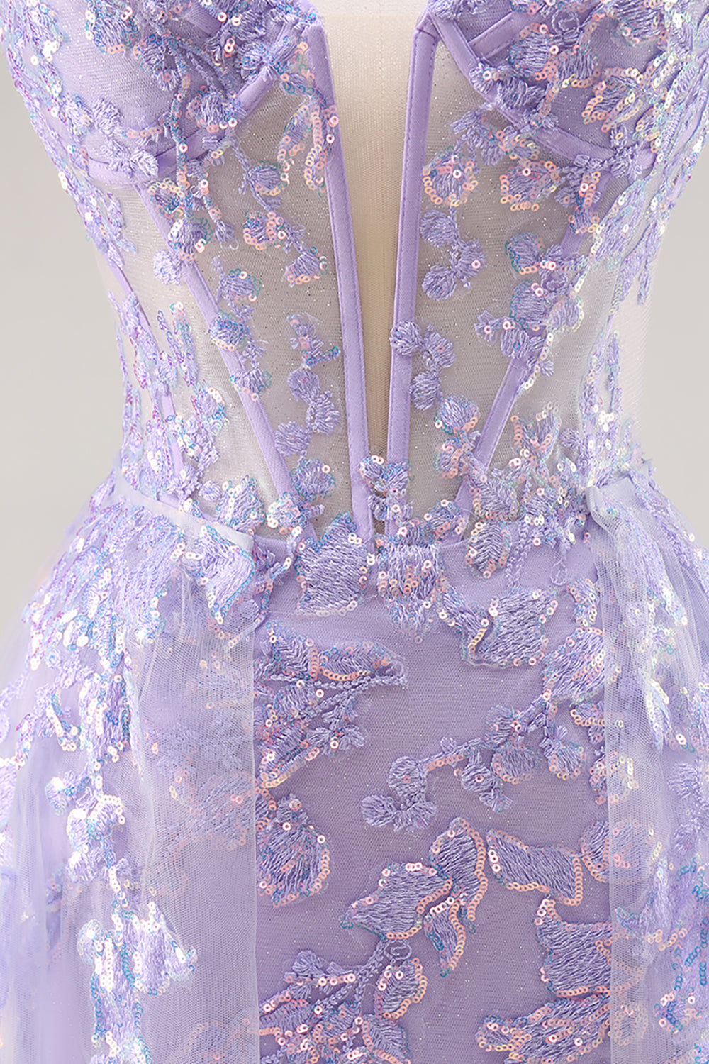 Sparkly Lilac Tulle Appliqued Corset Maxi Prom Dress with Sequins