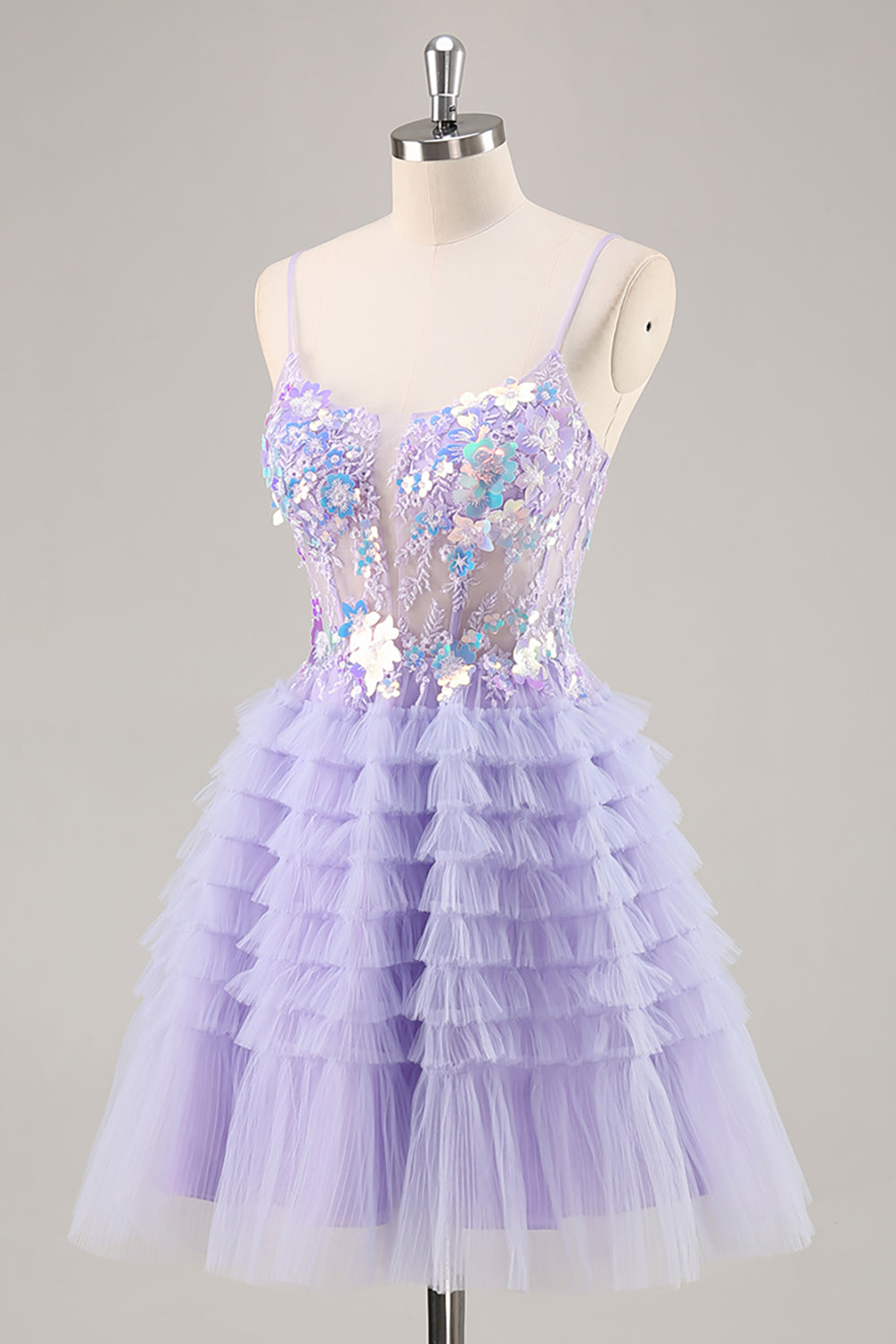Sparkly Purple Floral Corset Tiered Short Prom Dress with Sequins
