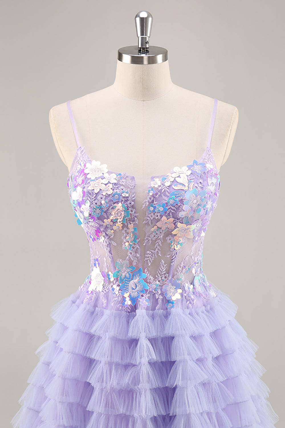 Sparkly Purple Floral Corset Tiered Short Prom Dress with Sequins