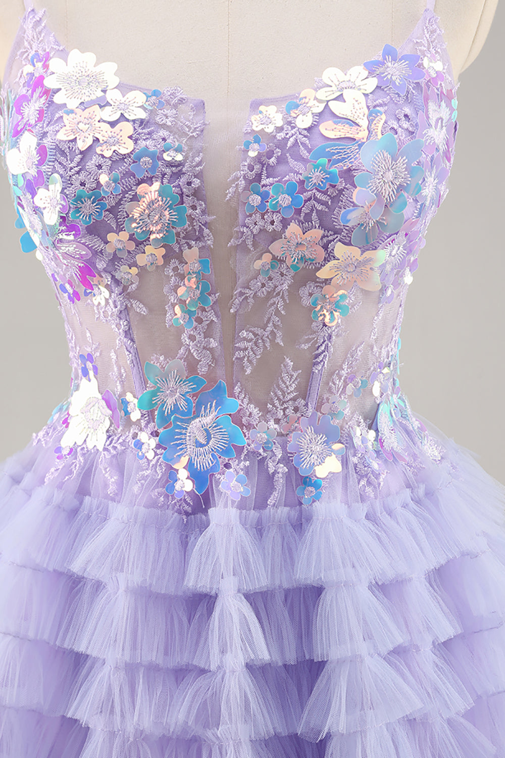 Sparkly Purple Floral Corset Tiered Short Prom Dress with Sequins