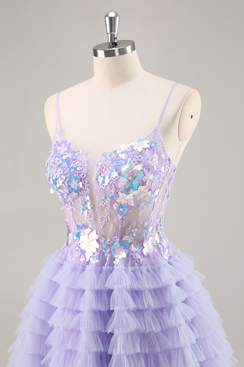 Sparkly Purple Floral Corset Tiered Short Prom Dress with Sequins