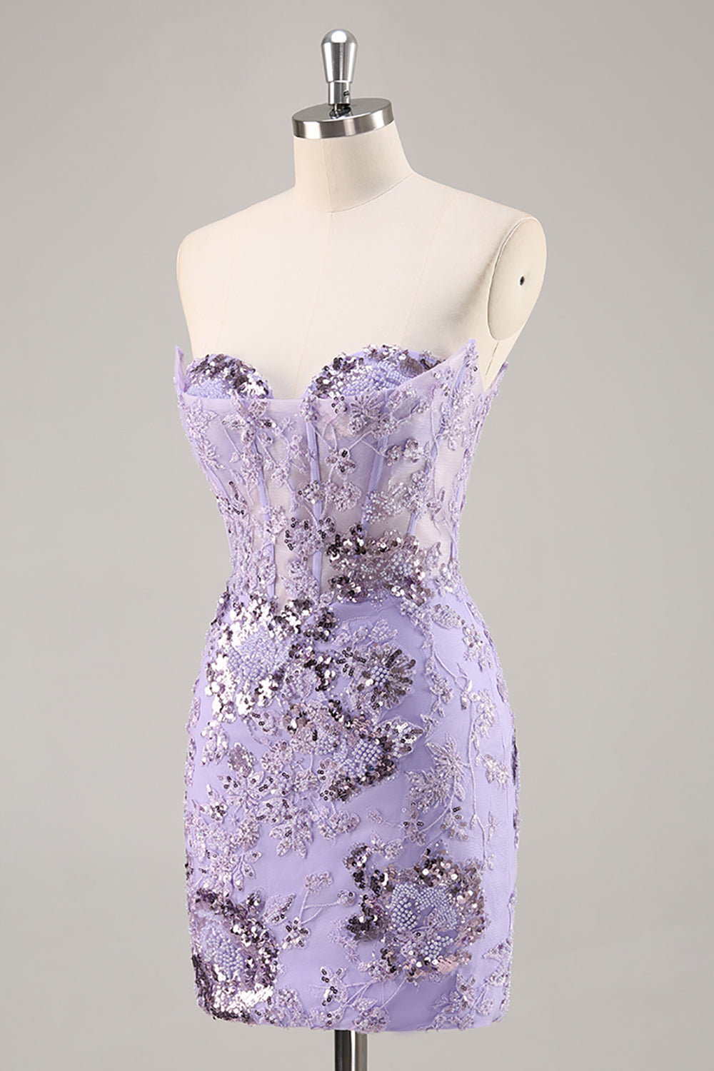 Sparkly Purple Corset Sequin Floral Mini Prom Dress with Beading