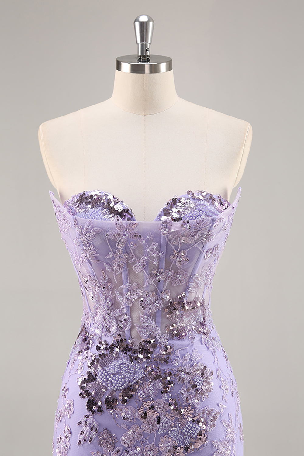 Sparkly Purple Corset Sequin Floral Mini Prom Dress with Beading