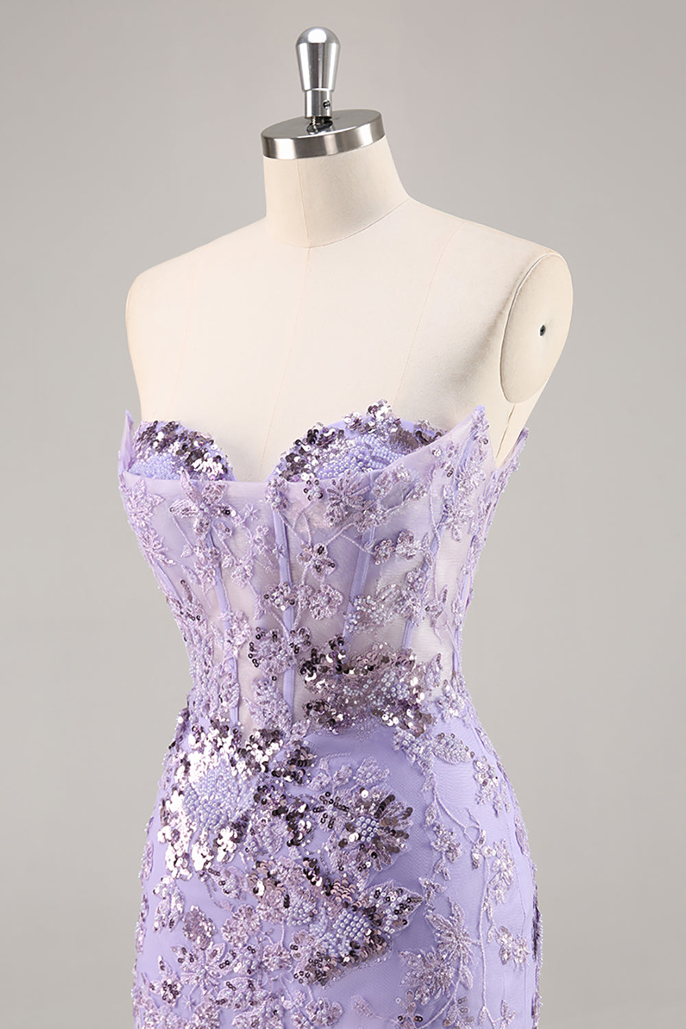 Sparkly Purple Corset Sequin Floral Mini Prom Dress with Beading