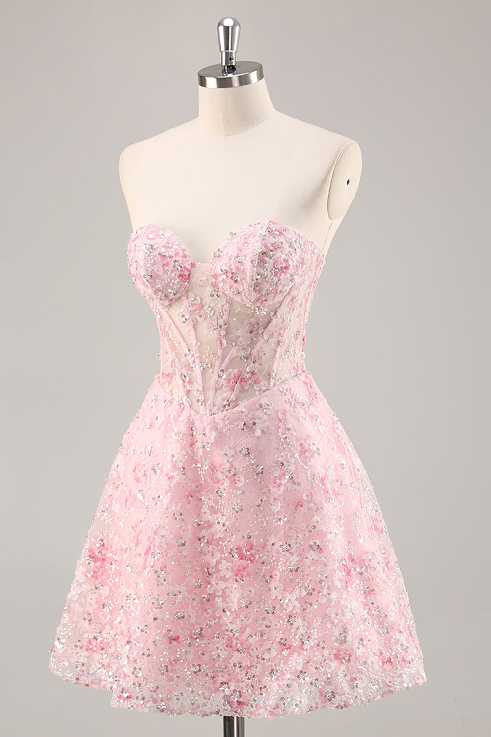 Sparkly Pink Corset Sweetheart Short Floral Prom Dress with Sequins