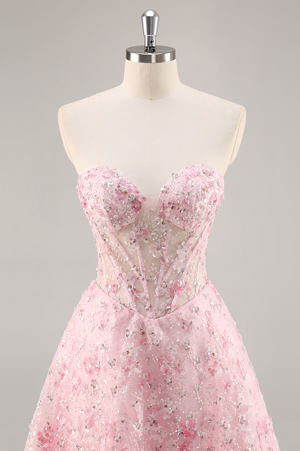 Sparkly Pink Corset Sweetheart Short Floral Prom Dress with Sequins