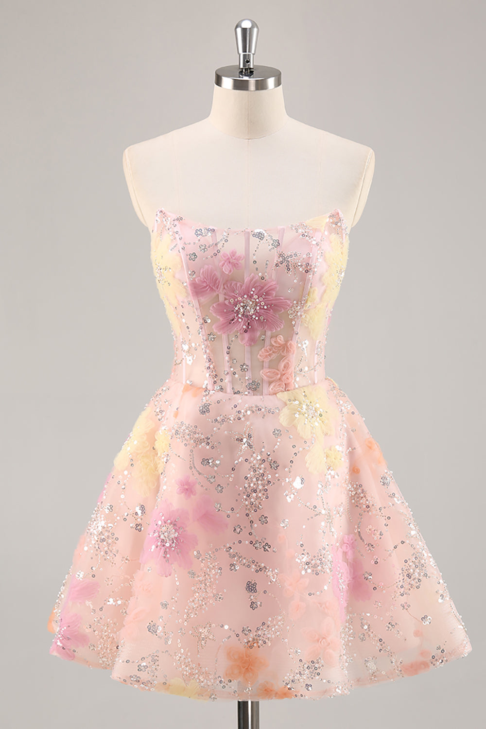 Sparkly Pink Corset Floral Sequins Short Prom Dress with Beading