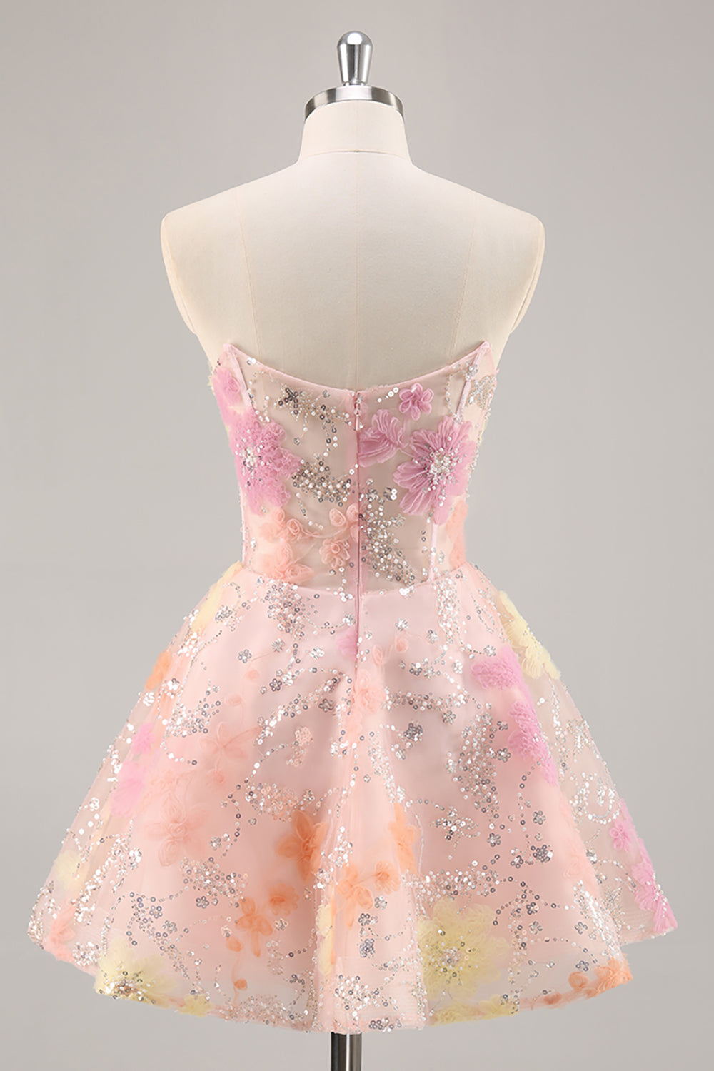 Sparkly Pink Corset Floral Sequins Short Prom Dress with Beading