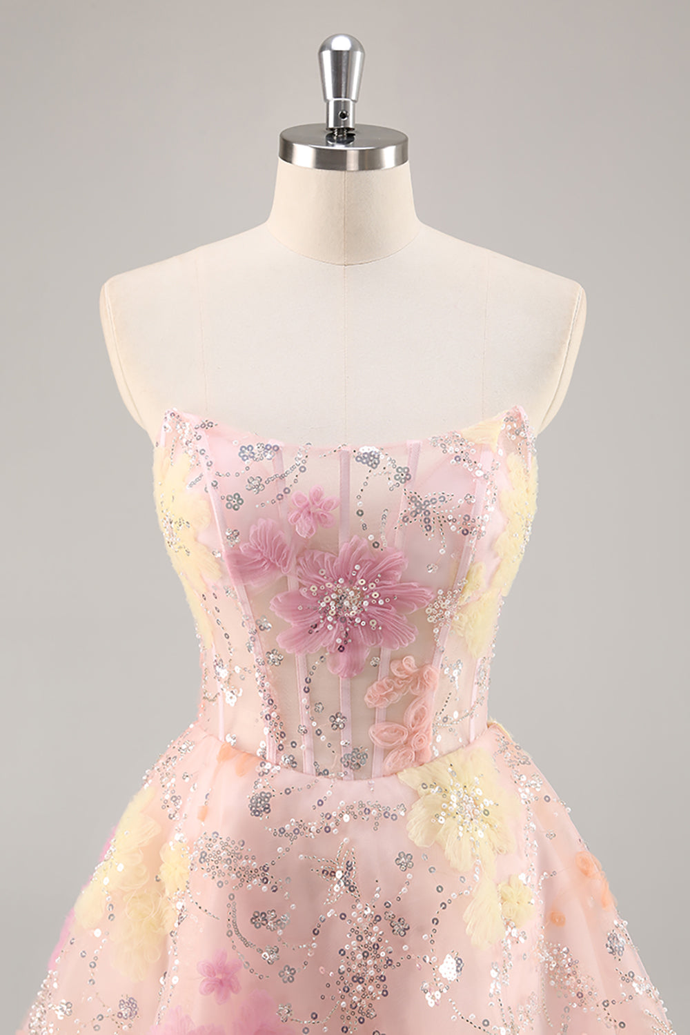 Sparkly Pink Corset Floral Sequins Short Prom Dress with Beading