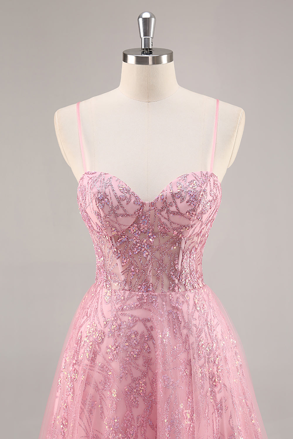 Sparkly Pink Corset Tulle A Line Maxi Prom Dress with Sequins