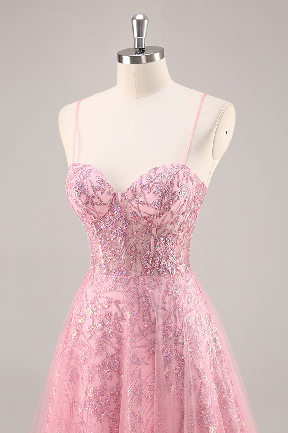 Sparkly Pink Corset Tulle A Line Maxi Prom Dress with Sequins
