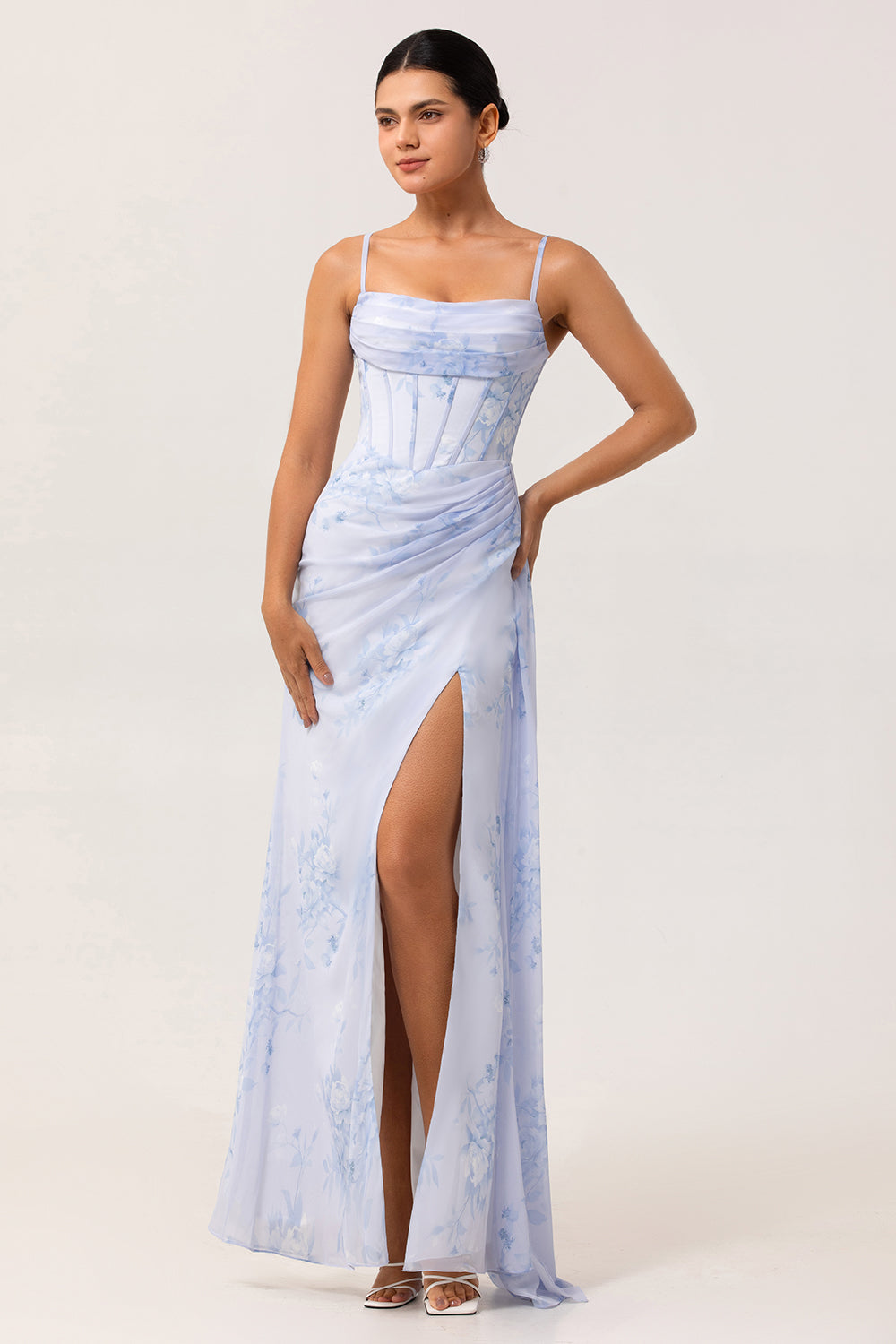 Blue Corset Long Ruched Floral Bridesmaid Dress with Slit