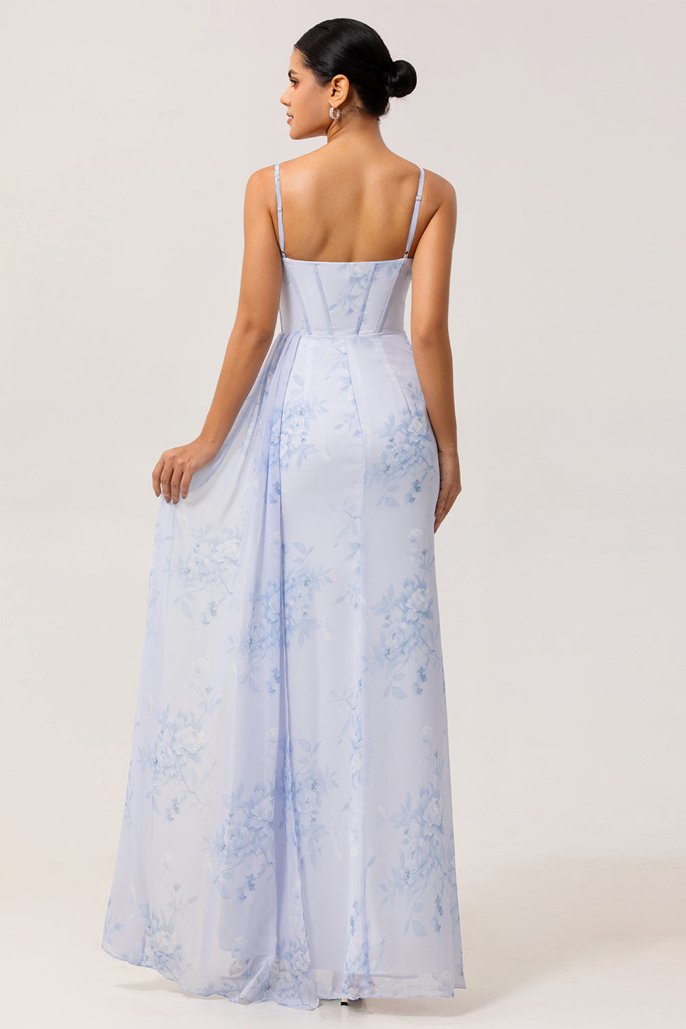 Blue Corset Long Ruched Floral Bridesmaid Dress with Slit