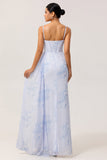 Blue Corset Long Ruched Floral Bridesmaid Dress with Slit