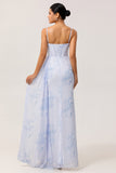 Blue Floral Ruched Corset Mermaid Maxi Bridesmaid Dress with Slit