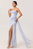 Blue Corset Long Ruched Floral Bridesmaid Dress with Slit