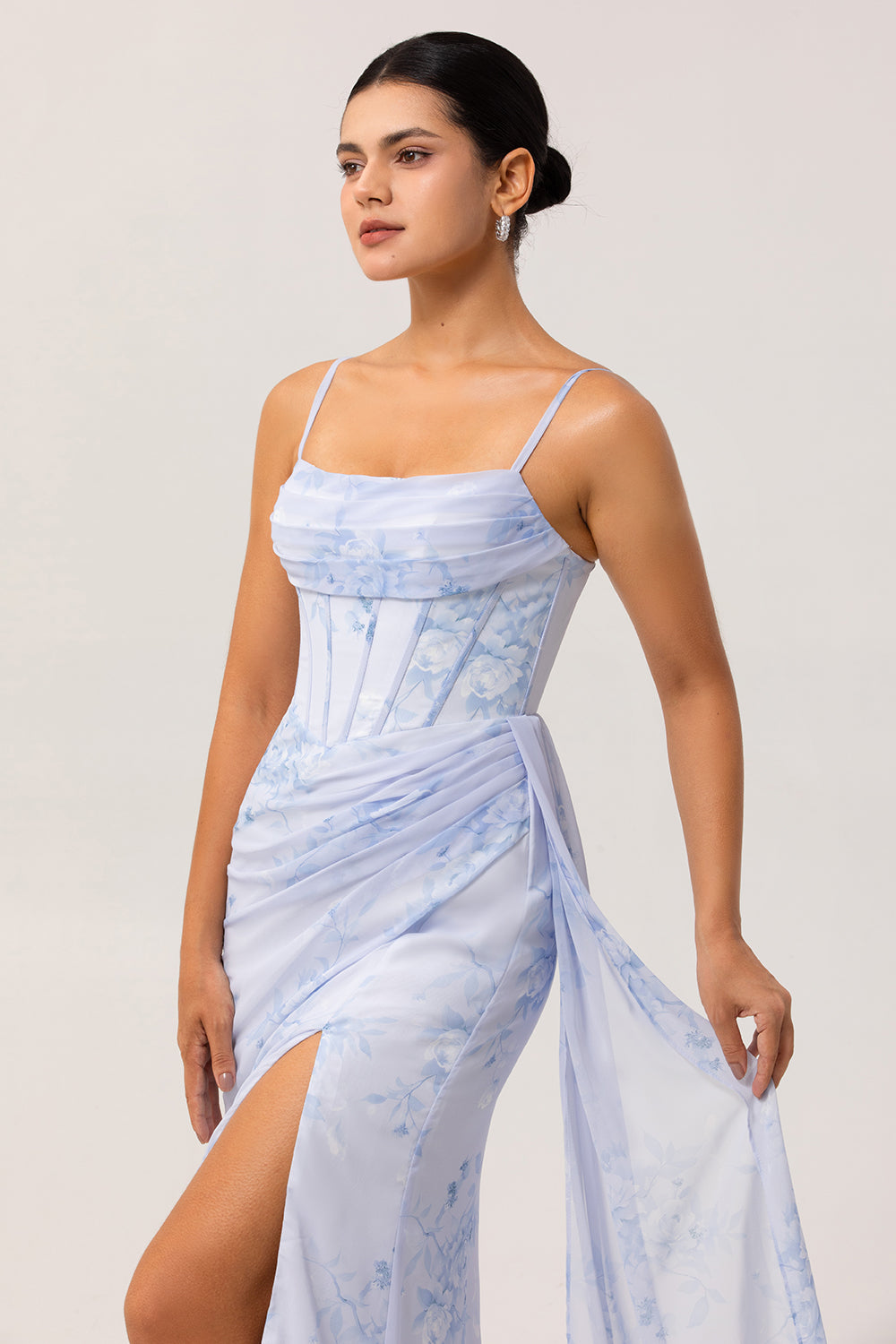Blue Corset Long Ruched Floral Bridesmaid Dress with Slit