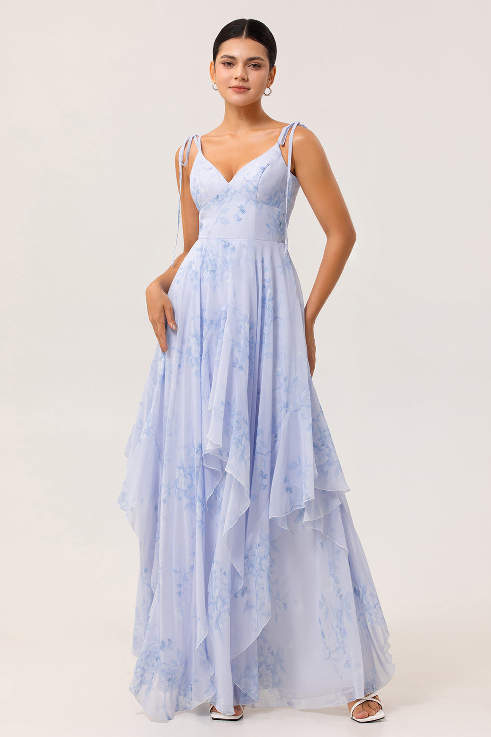 Blue Chiffon Floral Ruffled Spaghetti Straps Maxi Bridesmaid Dress