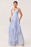 Blue Chiffon Floral Ruffled Spaghetti Straps Maxi Bridesmaid Dress