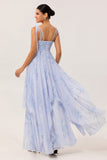 Blue Chiffon Floral Ruffled Spaghetti Straps Maxi Bridesmaid Dress