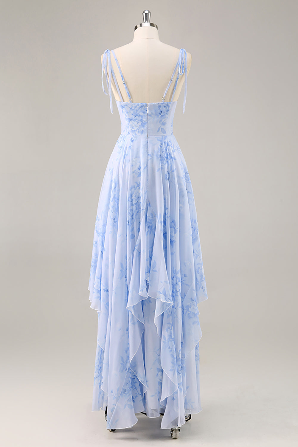 Blue Chiffon Floral Ruffled Spaghetti Straps Maxi Bridesmaid Dress