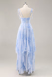 Blue Chiffon Floral Ruffled Spaghetti Straps Maxi Bridesmaid Dress
