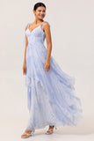 Blue Chiffon Floral Ruffled Spaghetti Straps Maxi Bridesmaid Dress