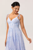 Blue Chiffon Floral Ruffled Spaghetti Straps Maxi Bridesmaid Dress