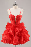 Ruffled Red Organza Corset Short Prom Dress with Bows