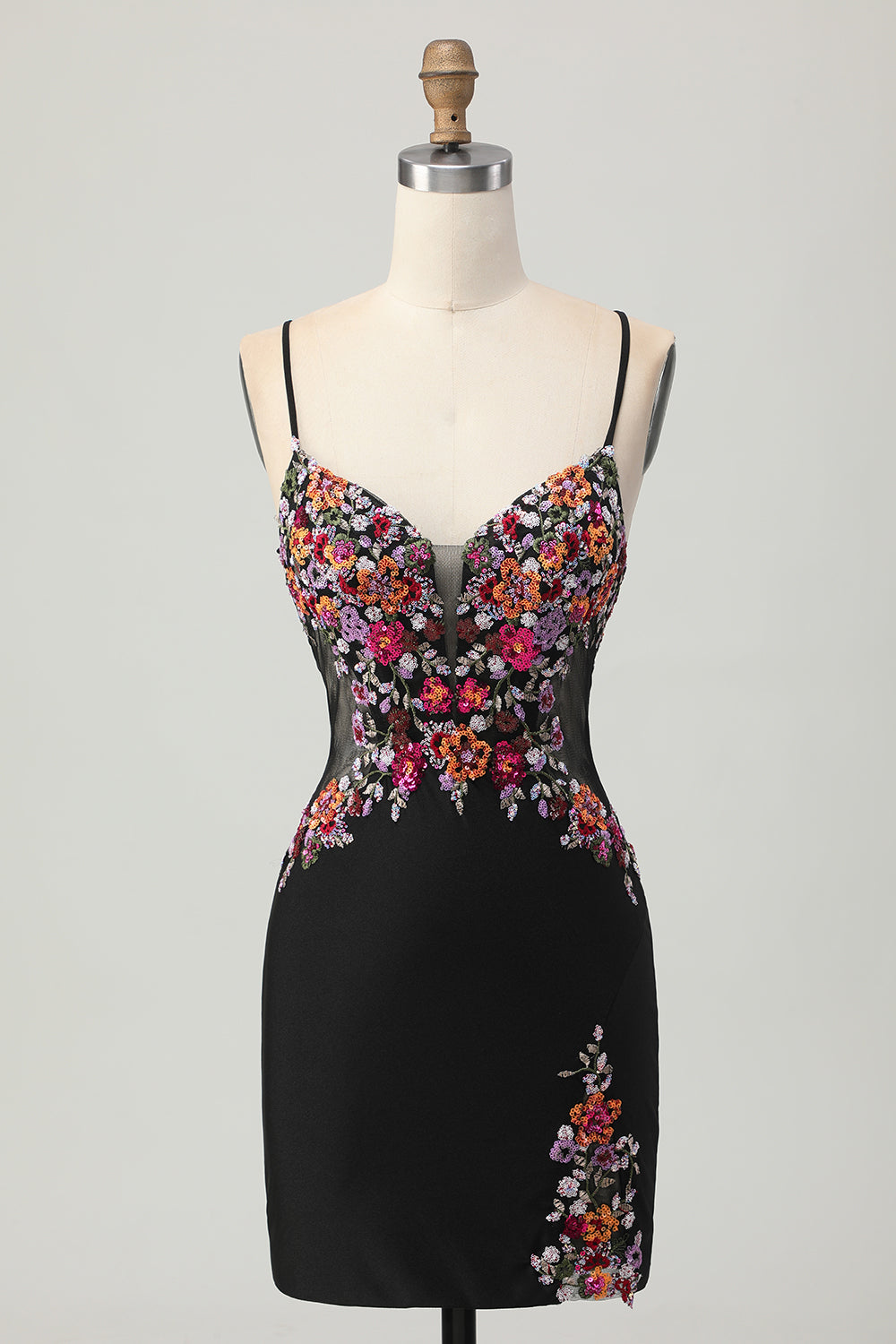 Floral Black Bodycon Spaghetti Straps Short Corset Prom Dress with Sequins