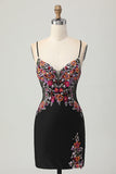 Floral Black Bodycon Spaghetti Straps Short Corset Prom Dress with Sequins
