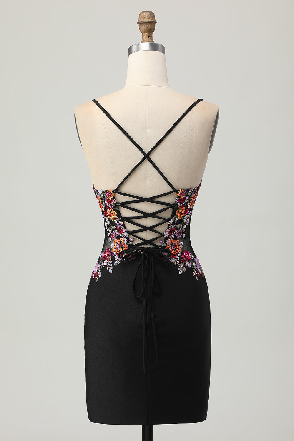 Floral Black Bodycon Spaghetti Straps Short Corset Prom Dress with Sequins
