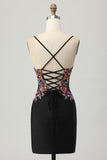 Floral Black Bodycon Spaghetti Straps Short Corset Prom Dress with Sequins
