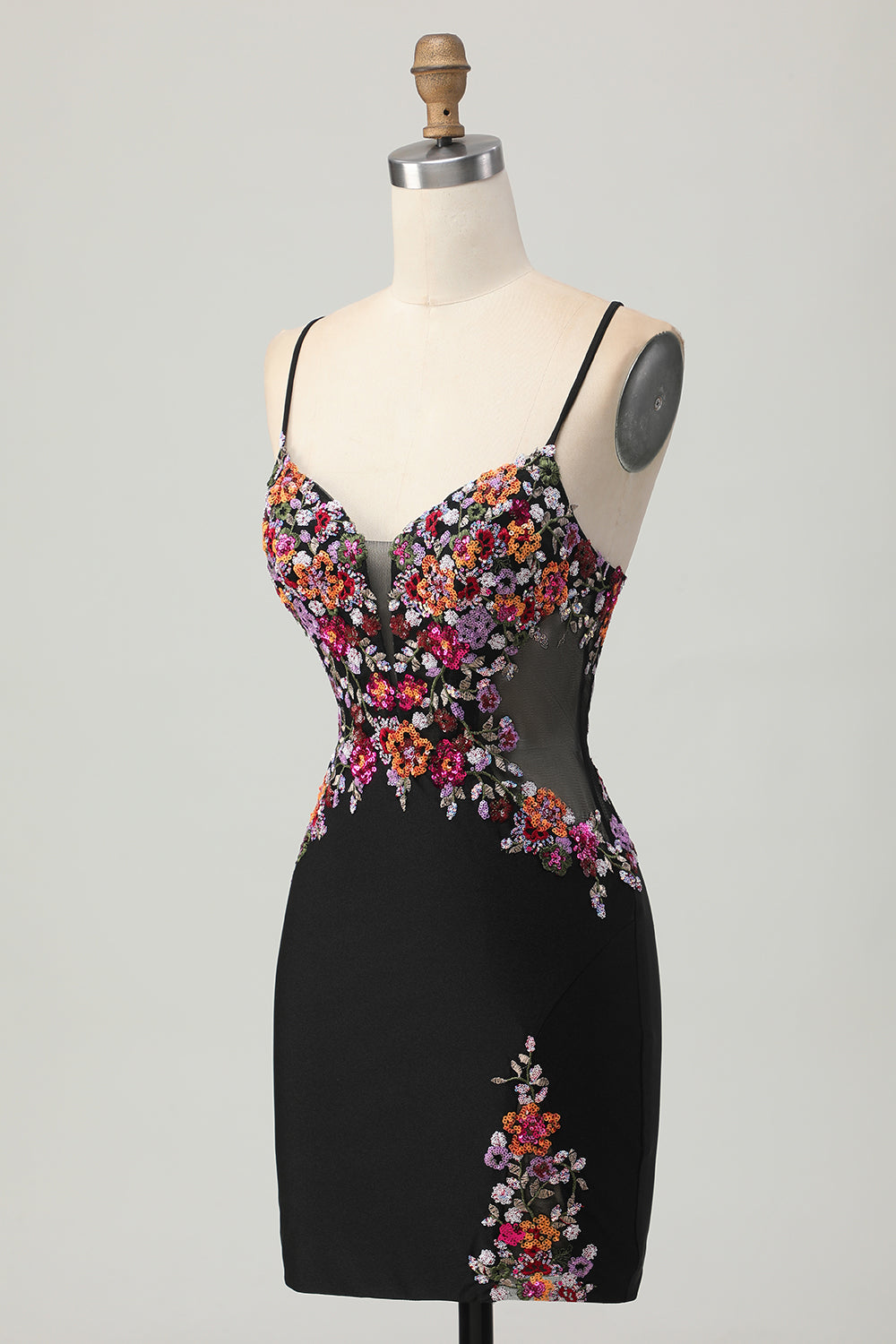 Floral Black Bodycon Spaghetti Straps Short Corset Prom Dress with Sequins