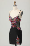 Floral Black Bodycon Spaghetti Straps Short Corset Prom Dress with Sequins