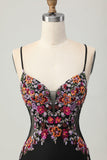 Floral Black Bodycon Spaghetti Straps Short Corset Prom Dress with Sequins
