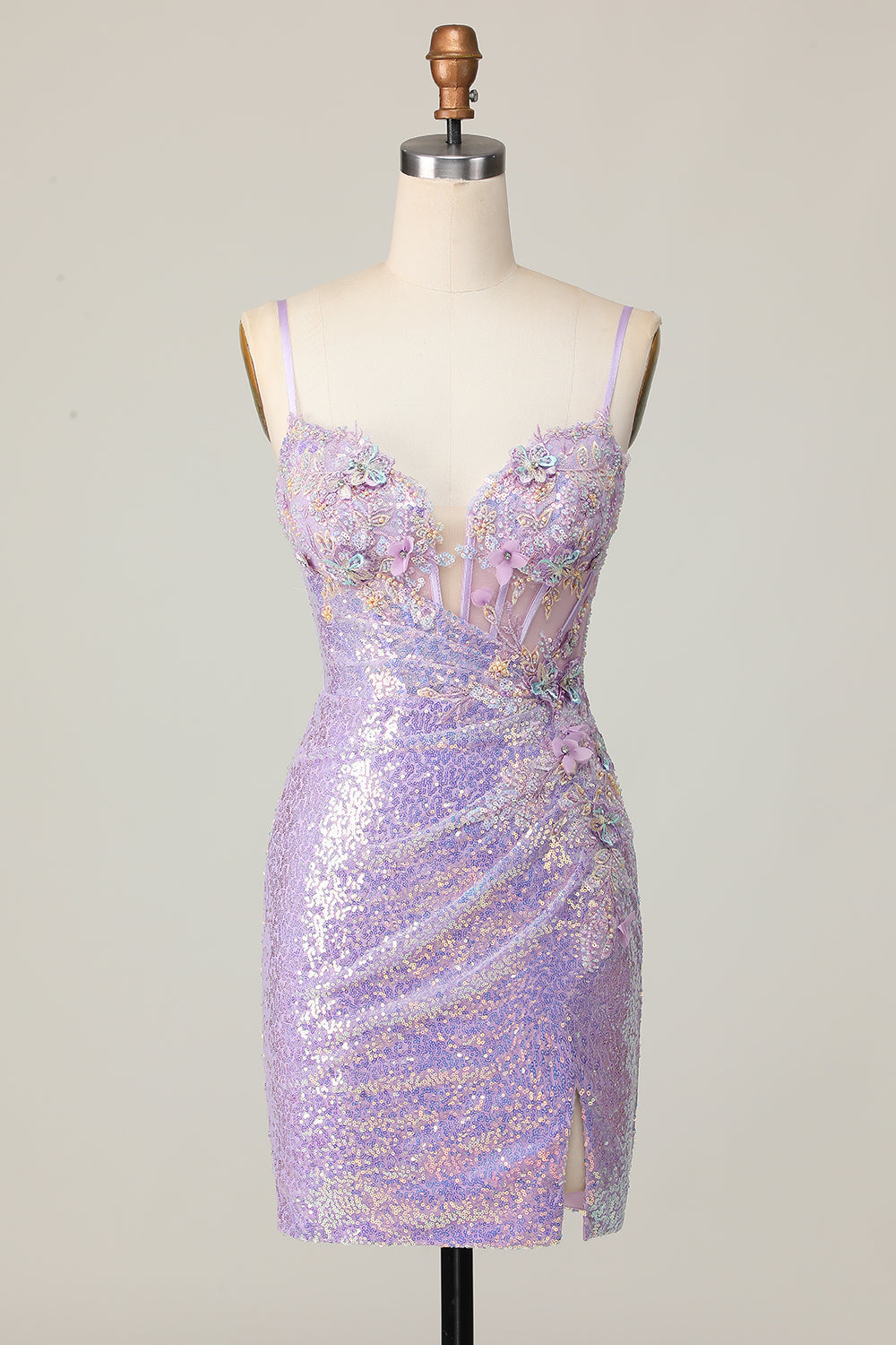 Sparkly Lilac Corset Sequins Tight Short Prom Dress with Applique