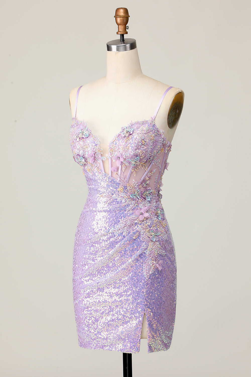 Sparkly Lilac Corset Sequins Tight Short Prom Dress with Applique