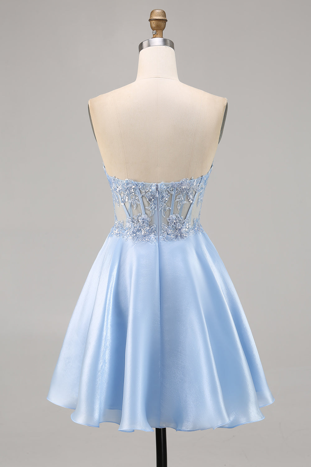Sparkly Light Blue Satin Strapless Corset Short Prom Dress with Sequins