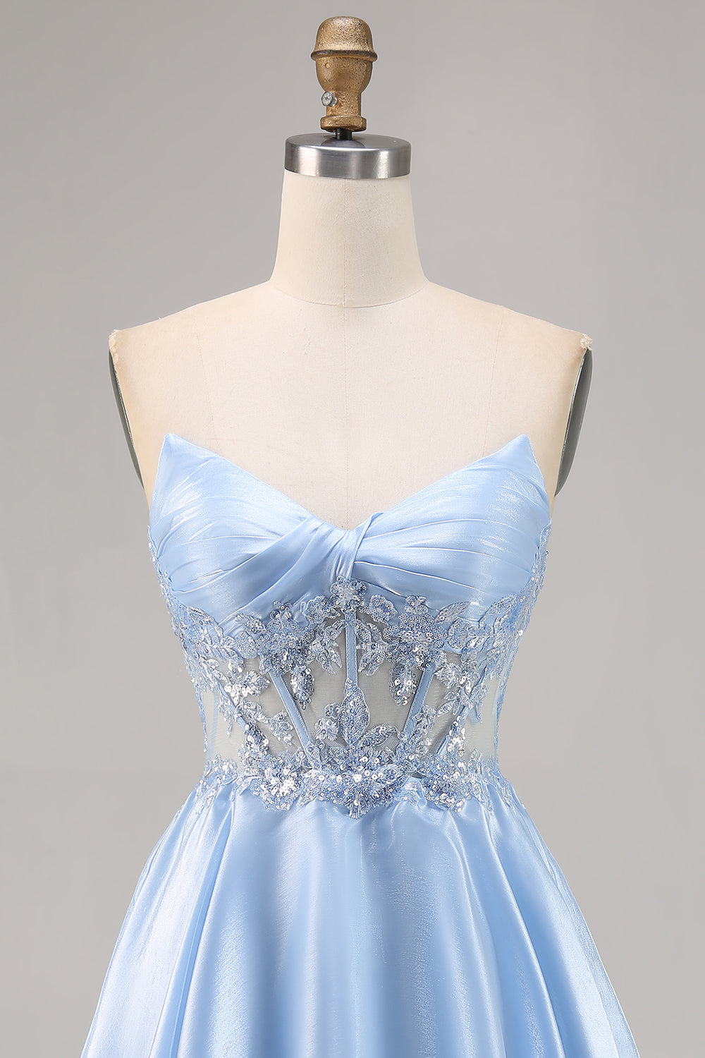 Sparkly Light Blue Satin Strapless Corset Short Prom Dress with Sequins