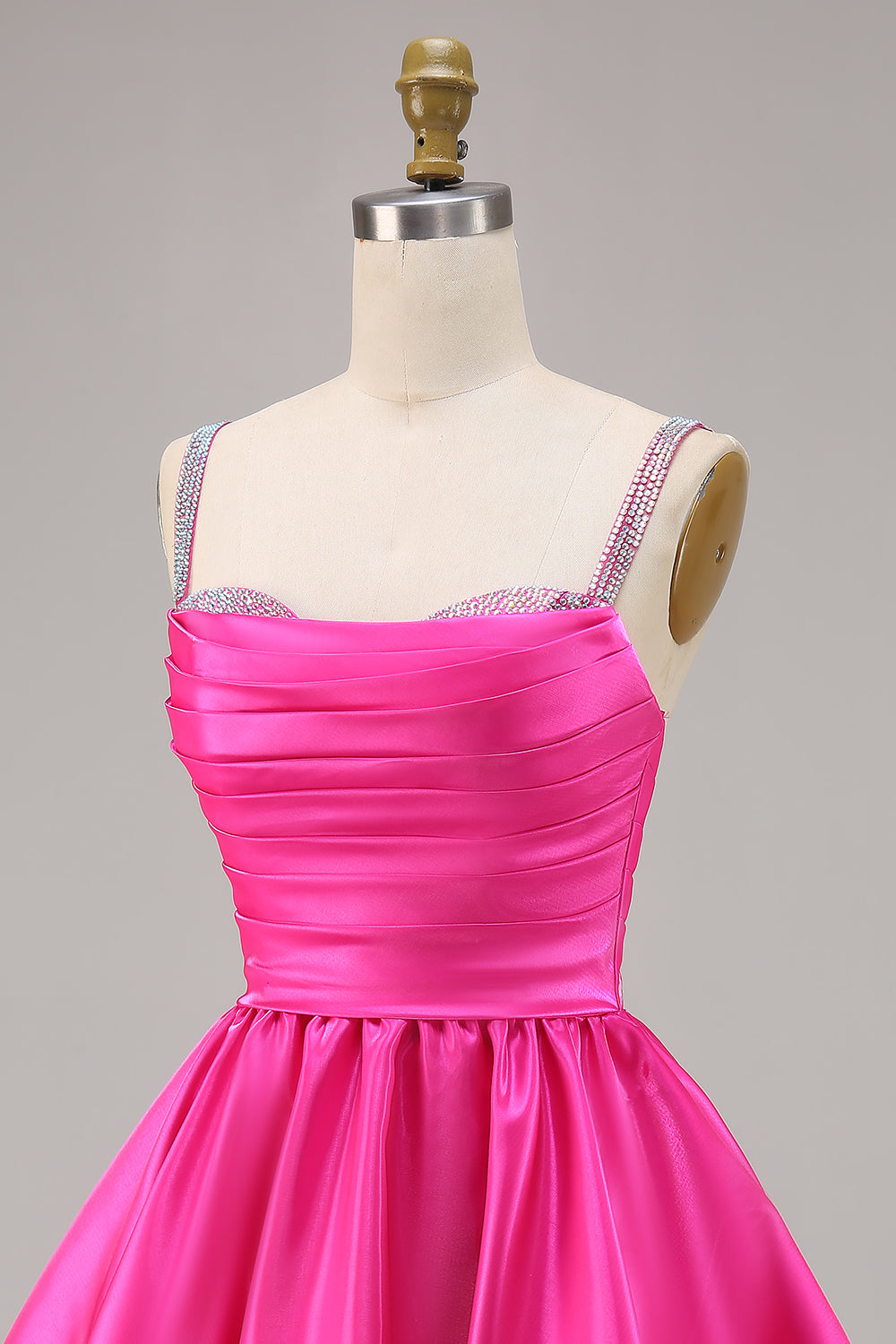 Sparkly Fuchsia Ruched Satin Short Prom Dress with Beading