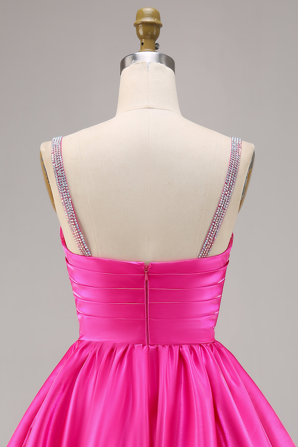 Sparkly Fuchsia Ruched Satin Short Prom Dress with Beading