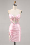Sparkly Candy Pink Satin Floral Sequins Corset Short Prom Dress