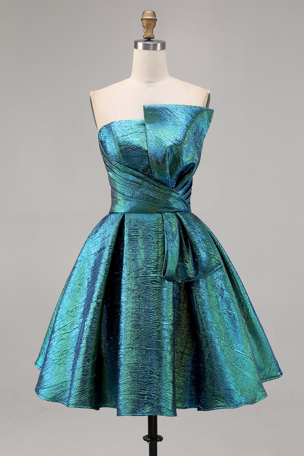 Sparkly Peacock Green Metallic Strapless A Line Short Prom Dress